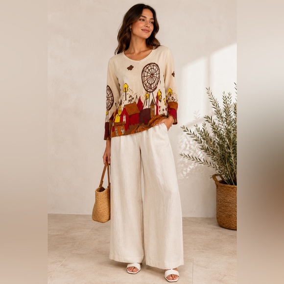 Ness Sweaters - Ness Cream Scenic Print V-Neck Sweater size medium